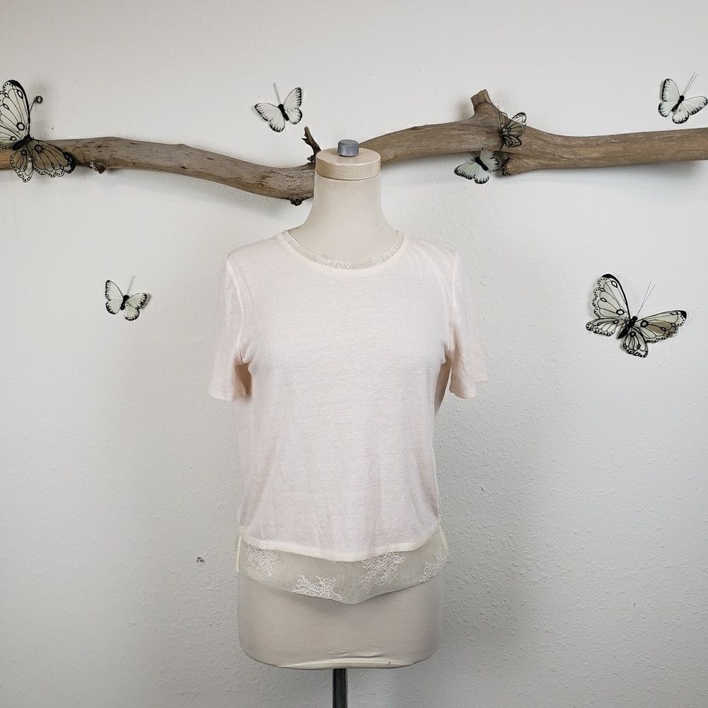 Maje pale pink linen blend and lace top